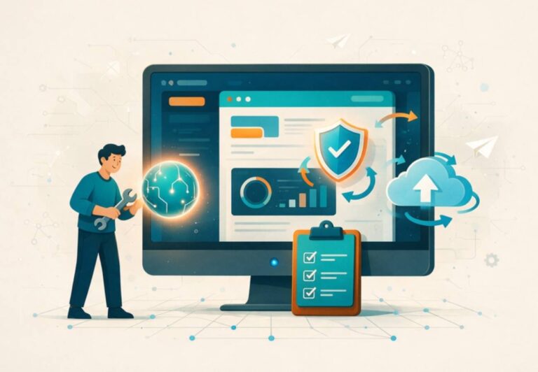 mantenimiento web con IA revisando actualizaciones y copias de seguridad