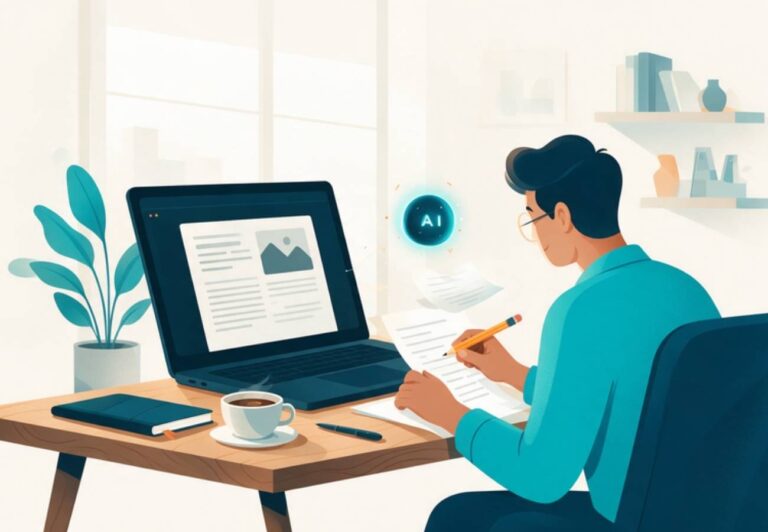 escribir un blog con IA revisando el borrador en el portátil