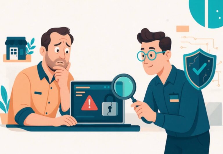 web hackeada revisada por un técnico con lupa y escudo de seguridad